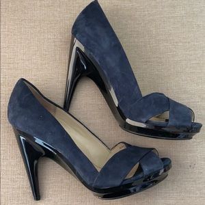 NEGOTIABLE Navy blue suede heel size 39 but fits like 8-8.5